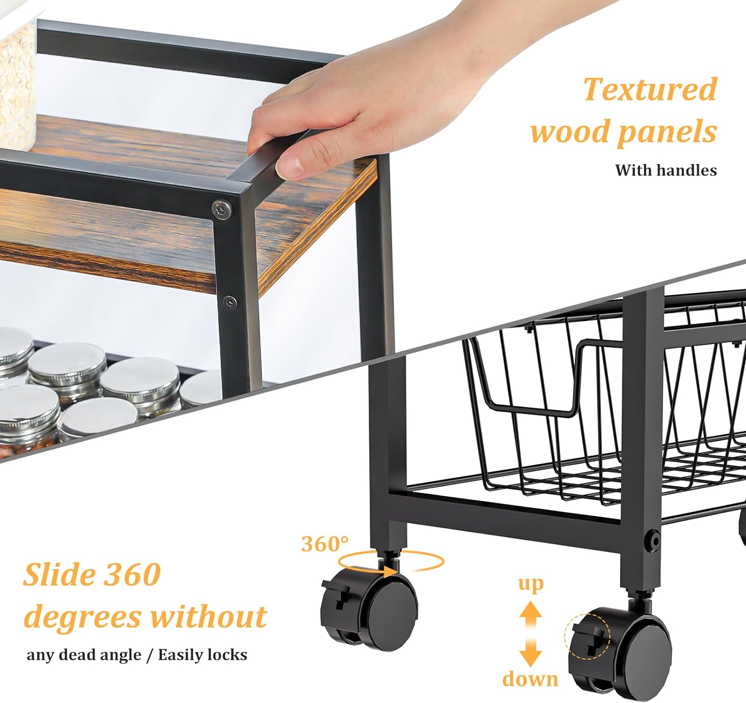 4-Tier Slim Storage Cart with Wheels Rolling Utility Cart with Slide-Out Wire Baskets Wooden Tabletop,Mobile Shelving