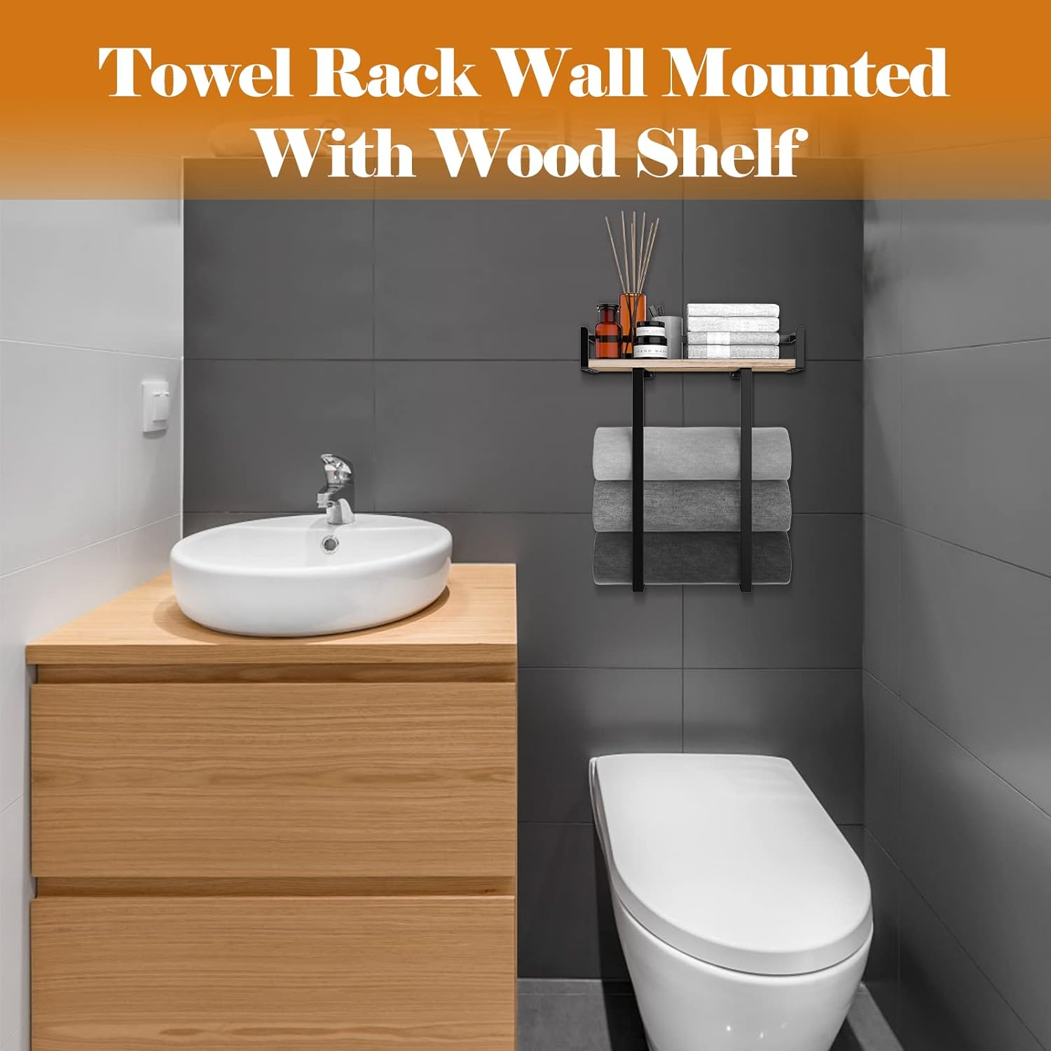 Towel Racks for Bathroom Wall Mounted Metal Towel Holder with Wooden Shelf for Folding Large Towels