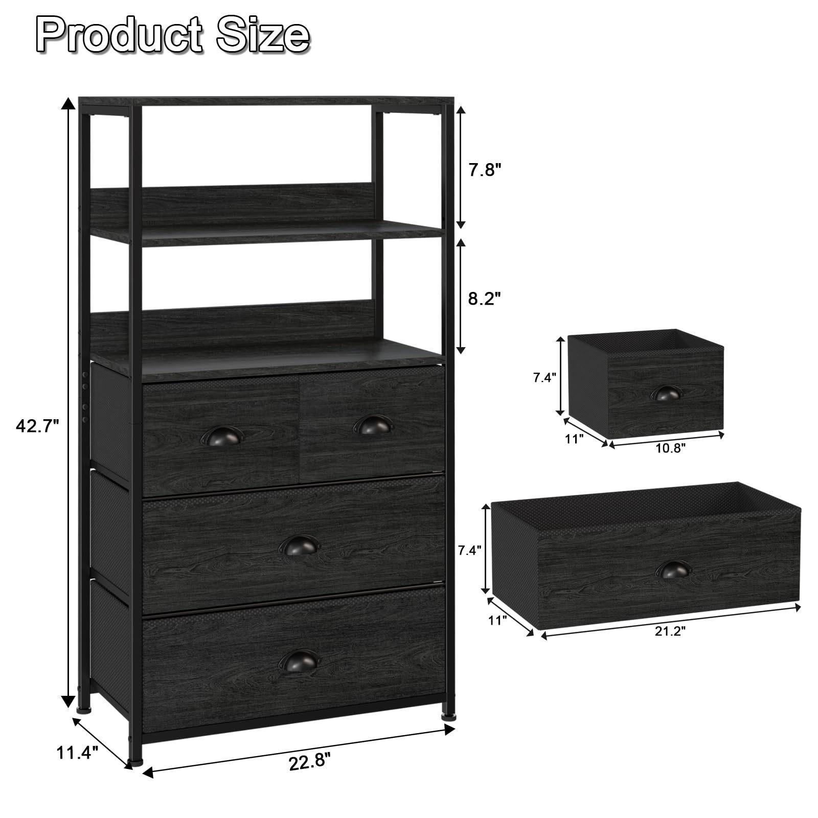 Vertical Dresser 3-Tier Wood Shelf Tall Fabric Storage Tower with 4 Drawers Black Closet Organizer Unit for Bedroom