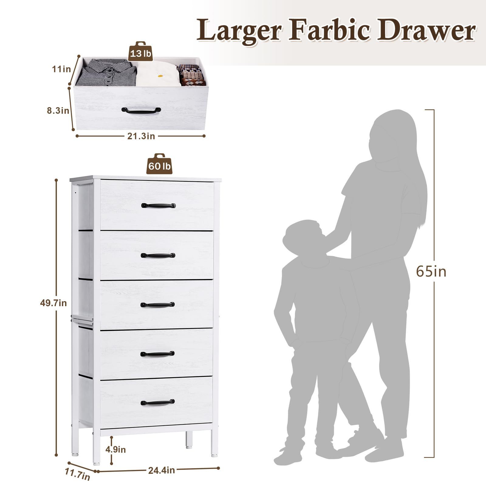 White Dresser for Bedroom White Chest of 5 Fabric Drawers for Bedroom Coat Closet Check Room Tall White Fabric Dresser