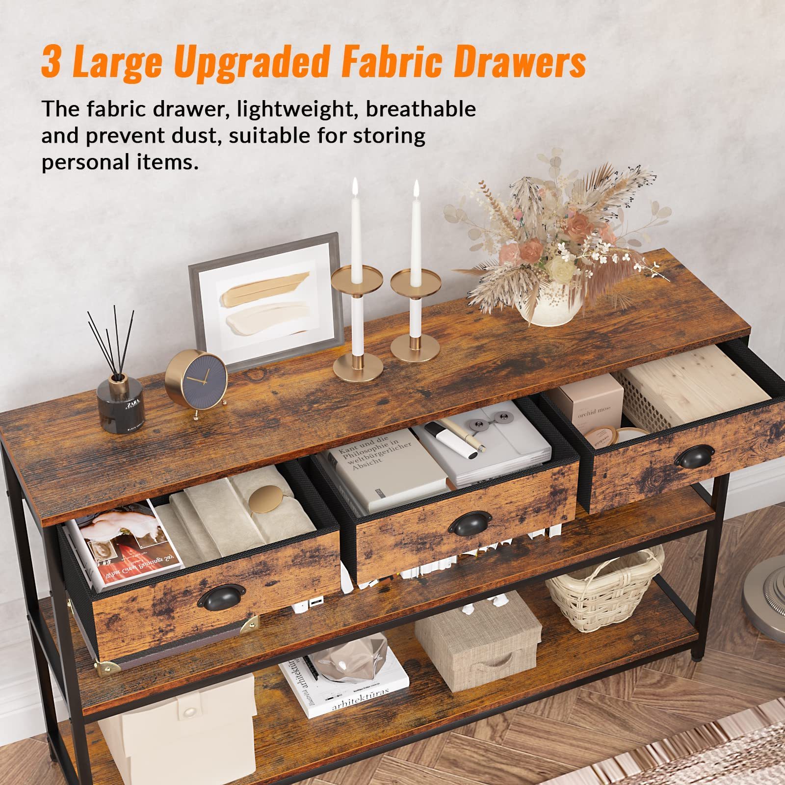 Console Table with 3 Drawers Entryway Table with 3-Tier Storage Shelves Narrow Sofa Table