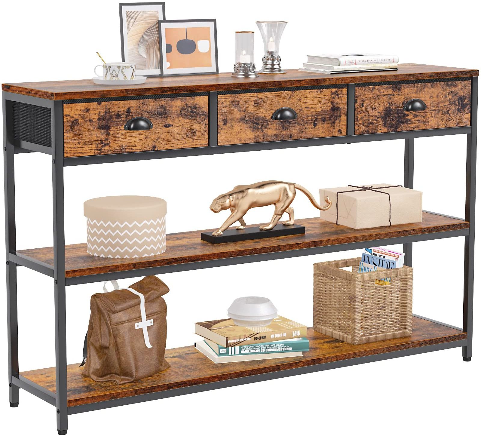 Console Table with 3 Drawers Entryway Table with 3-Tier Storage Shelves Narrow Sofa Table