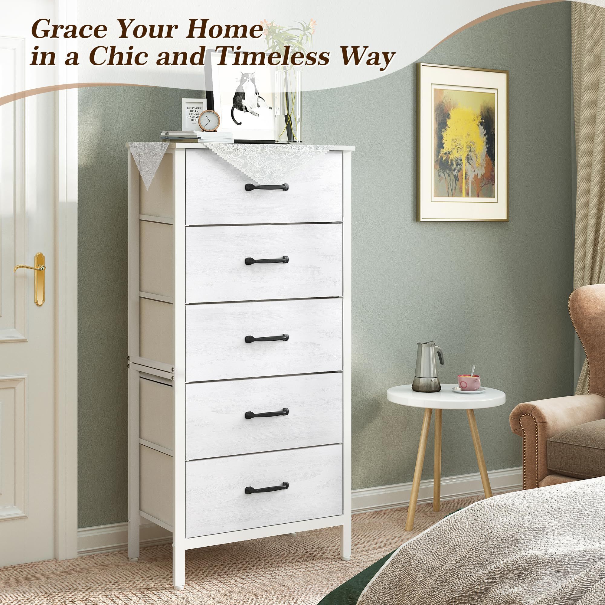 White Dresser for Bedroom White Chest of 5 Fabric Drawers for Bedroom Coat Closet Check Room Tall White Fabric Dresser