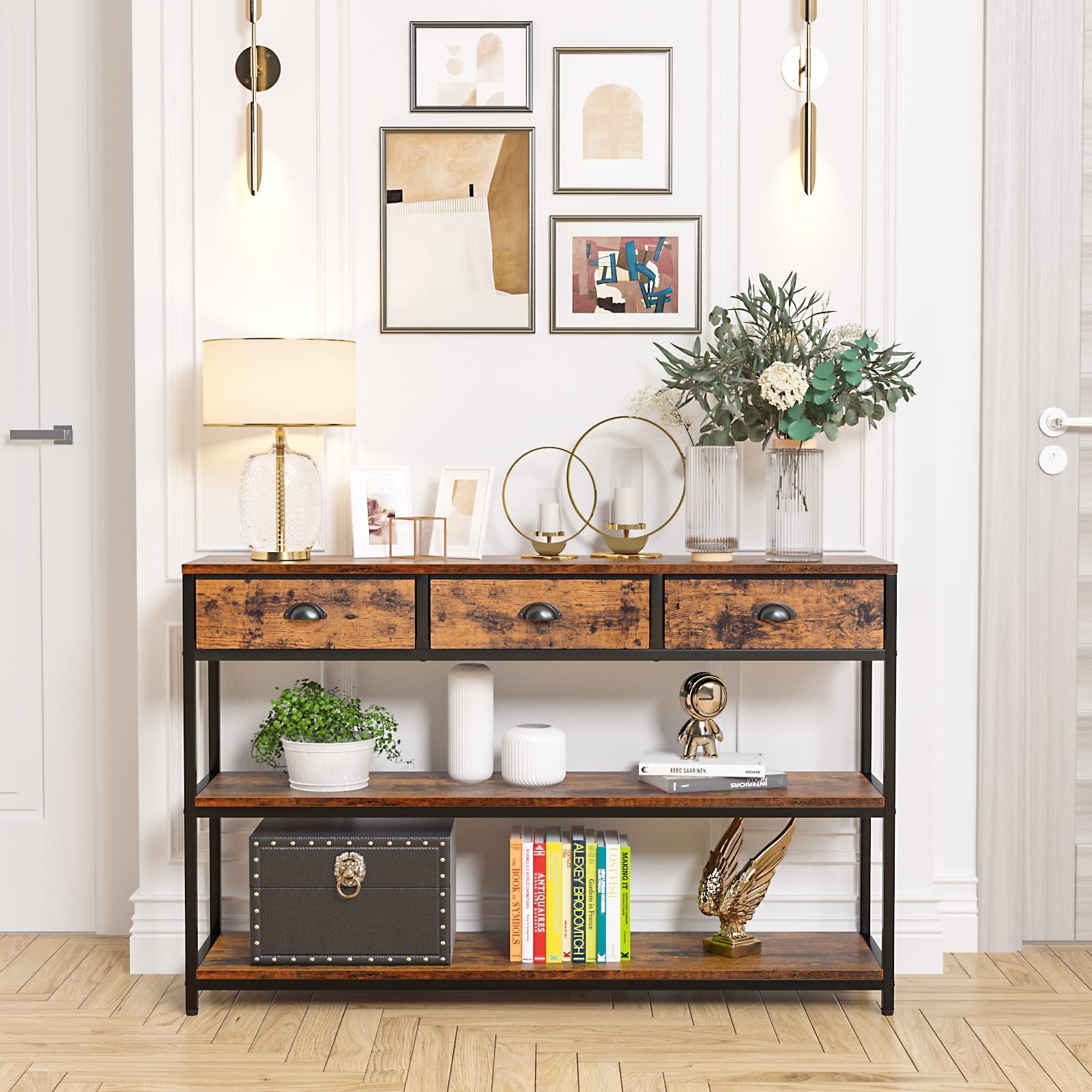 Console Table with 3 Drawers Entryway Table with 3-Tier Storage Shelves Narrow Sofa Table