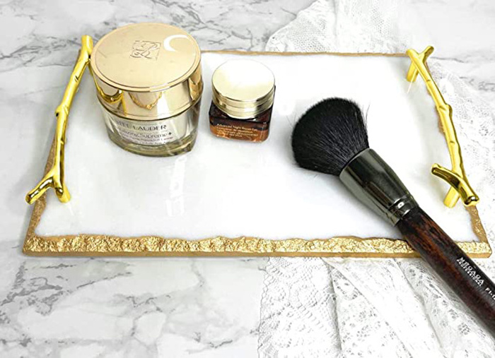 Wholesale Luxury Marble Tray with Stylish Gold Metal Handles Vanity Tray for Jewelry Display Marble Serving Tray with Gold Edges