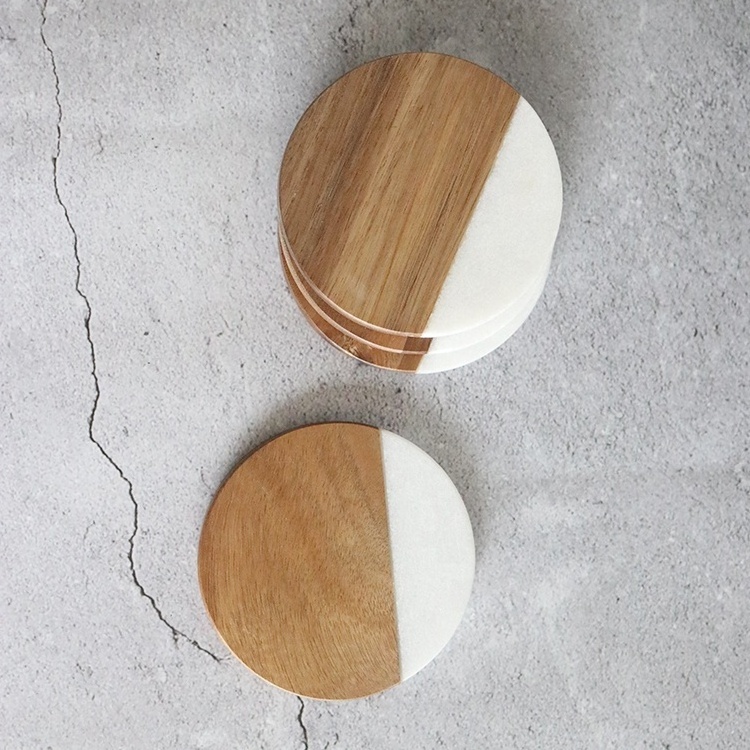 Eco-Friendly Custom Printing Kitchen Accessories white round marble Wooden Cup Coasters