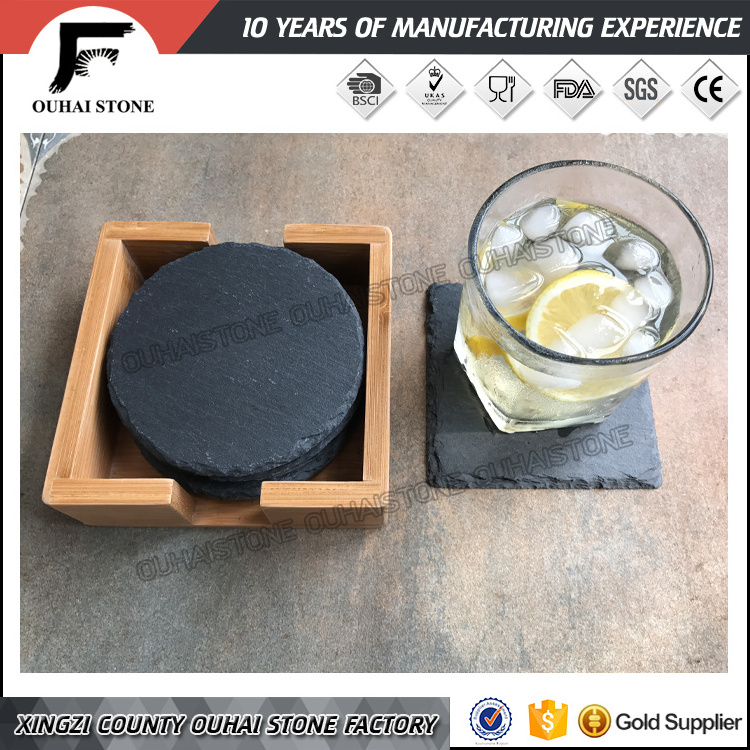 Top quality slate stone plate /black slate coaster /bamboo cup holder