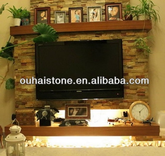 slate panel cultured stacked stone TV wall