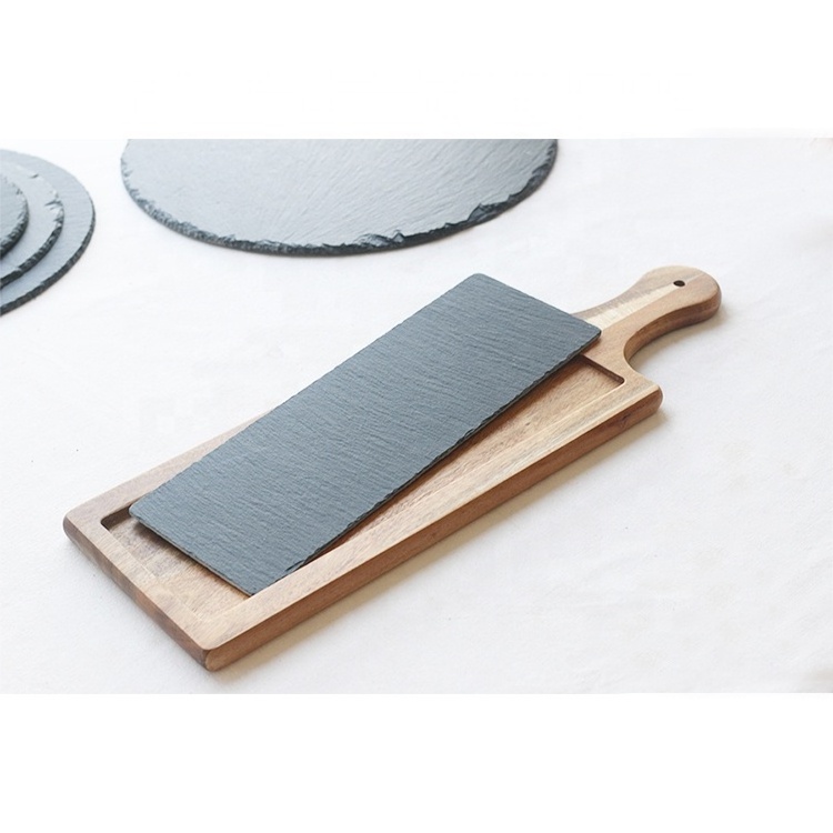 Steak Serving Board Charcoal Knife and Slate Acacia Wood Cutting Board Wooden Frame Slate Cheese Board