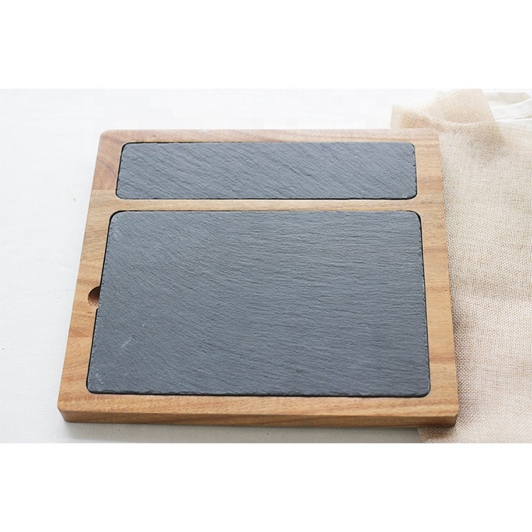 Steak Serving Board Charcoal Knife and Slate Acacia Wood Cutting Board Wooden Frame Slate Cheese Board