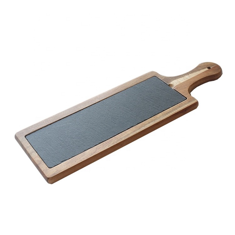 Steak Serving Board Charcoal Knife and Slate Acacia Wood Cutting Board Wooden Frame Slate Cheese Board