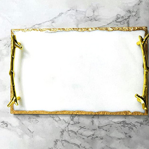 Wholesale Luxury Marble Tray with Stylish Gold Metal Handles Vanity Tray for Jewelry Display Marble Serving Tray with Gold Edges