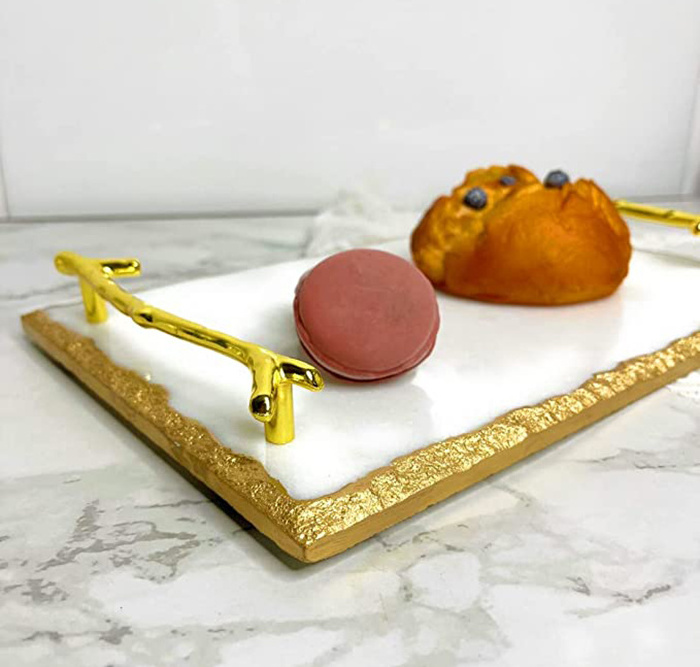 Wholesale Luxury Marble Tray with Stylish Gold Metal Handles Vanity Tray for Jewelry Display Marble Serving Tray with Gold Edges