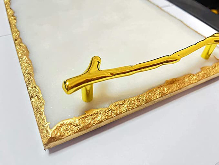 Wholesale Luxury Marble Tray with Stylish Gold Metal Handles Vanity Tray for Jewelry Display Marble Serving Tray with Gold Edges