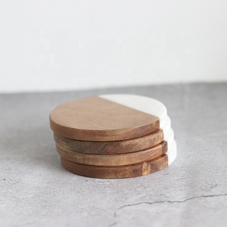 Eco-Friendly Custom Printing Kitchen Accessories white round marble Wooden Cup Coasters