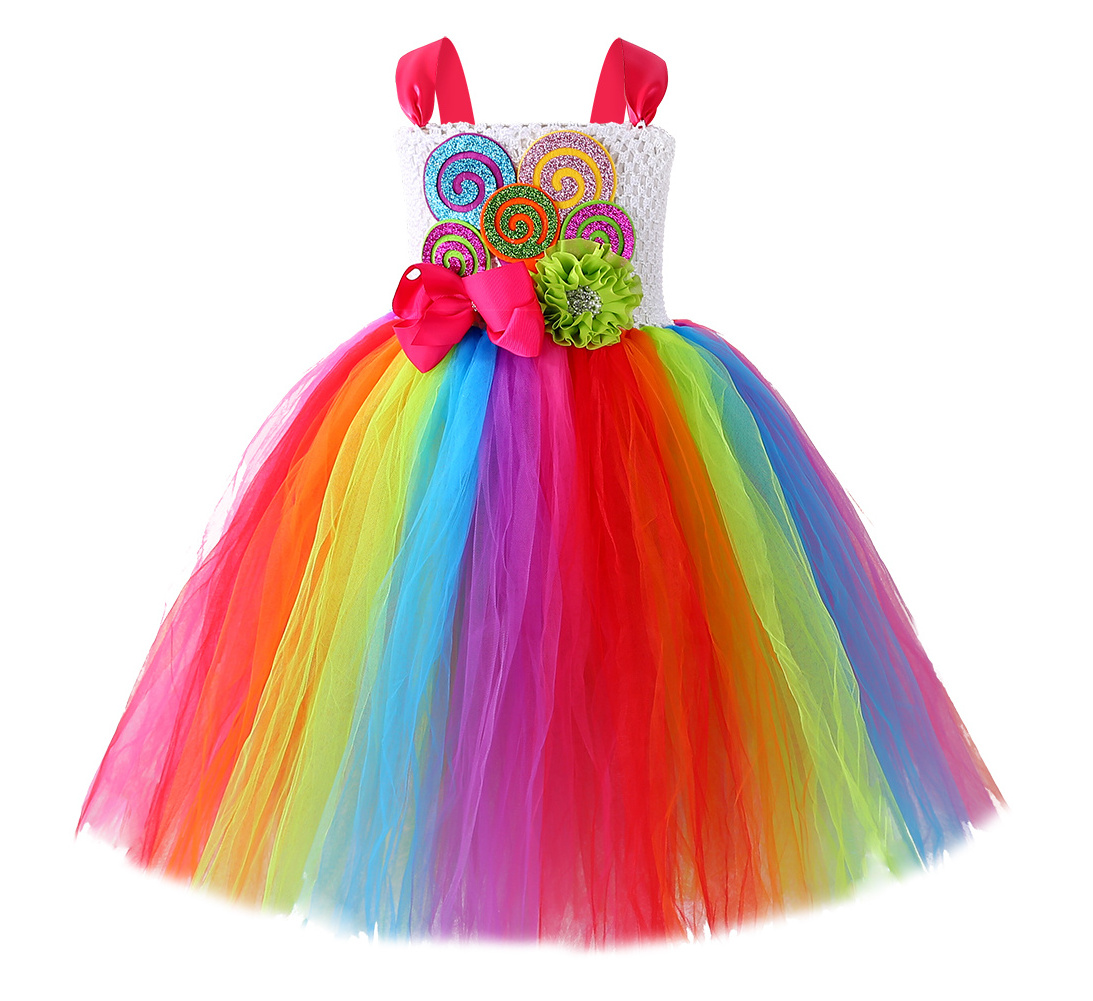 Fashion Kids Girls Princess Mesh Tutu Candyland Lollipop Dress Rainbow Birthday Dress Up with Headband