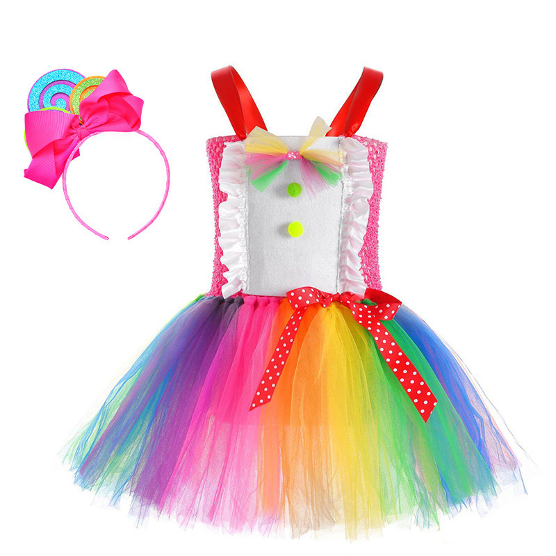 2022 Carnival Party Birthday Rainbow Lollipop Tutu Dress Candy Costume for Girls with Headband