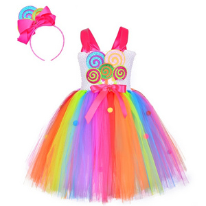 Fashion Kids Girls Princess Mesh Tutu Candyland Lollipop Dress Rainbow Birthday Dress Up with Headband