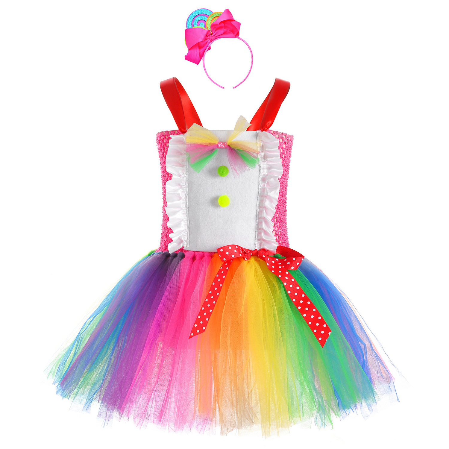 2022 Carnival Party Birthday Rainbow Lollipop Tutu Dress Candy Costume for Girls with Headband