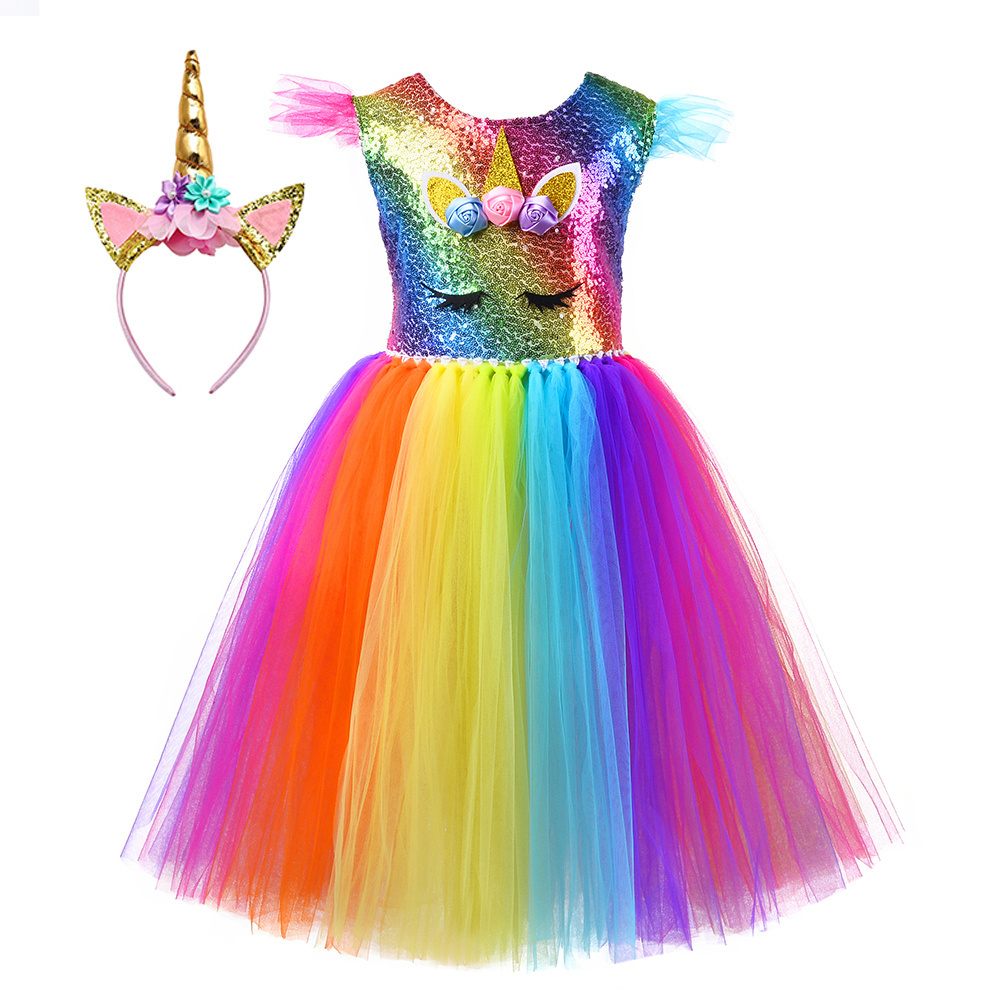 Wholesale Princess Dresses For Girls Birthday Party Cosplay Tutu Girl Dress Set Rainbow Flying Sleeve Unicorn Kids Custom