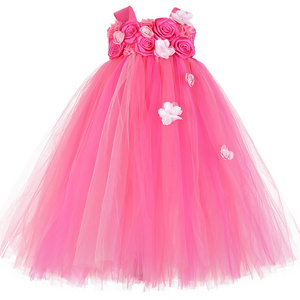 Summer Smocked Children Clothing Rose Red Flower Sleeveless Baby Girl Frock Dress Tulle Princess Dresses