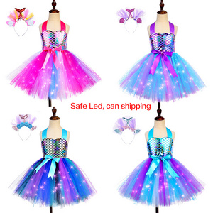 2023 Handmade Kids Custom Tutu Costume Princess Tulle Dress With Rainbow LED Light Princess Mermaid Girls Party Dress Wholesale