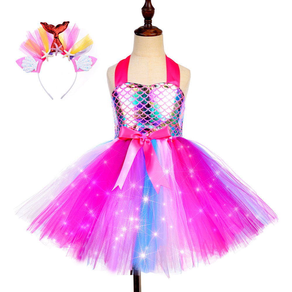 2023 Handmade Kids Custom Tutu Costume Princess Tulle Dress With Rainbow LED Light Princess Mermaid Girls Party Dress Wholesale