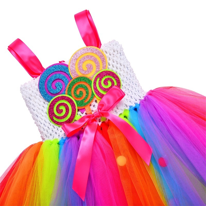 Fashion Kids Girls Princess Mesh Tutu Candyland Lollipop Dress Rainbow Birthday Dress Up with Headband