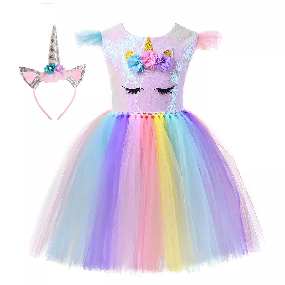 Wholesale Princess Dresses For Girls Birthday Party Cosplay Tutu Girl Dress Set Rainbow Flying Sleeve Unicorn Kids Custom