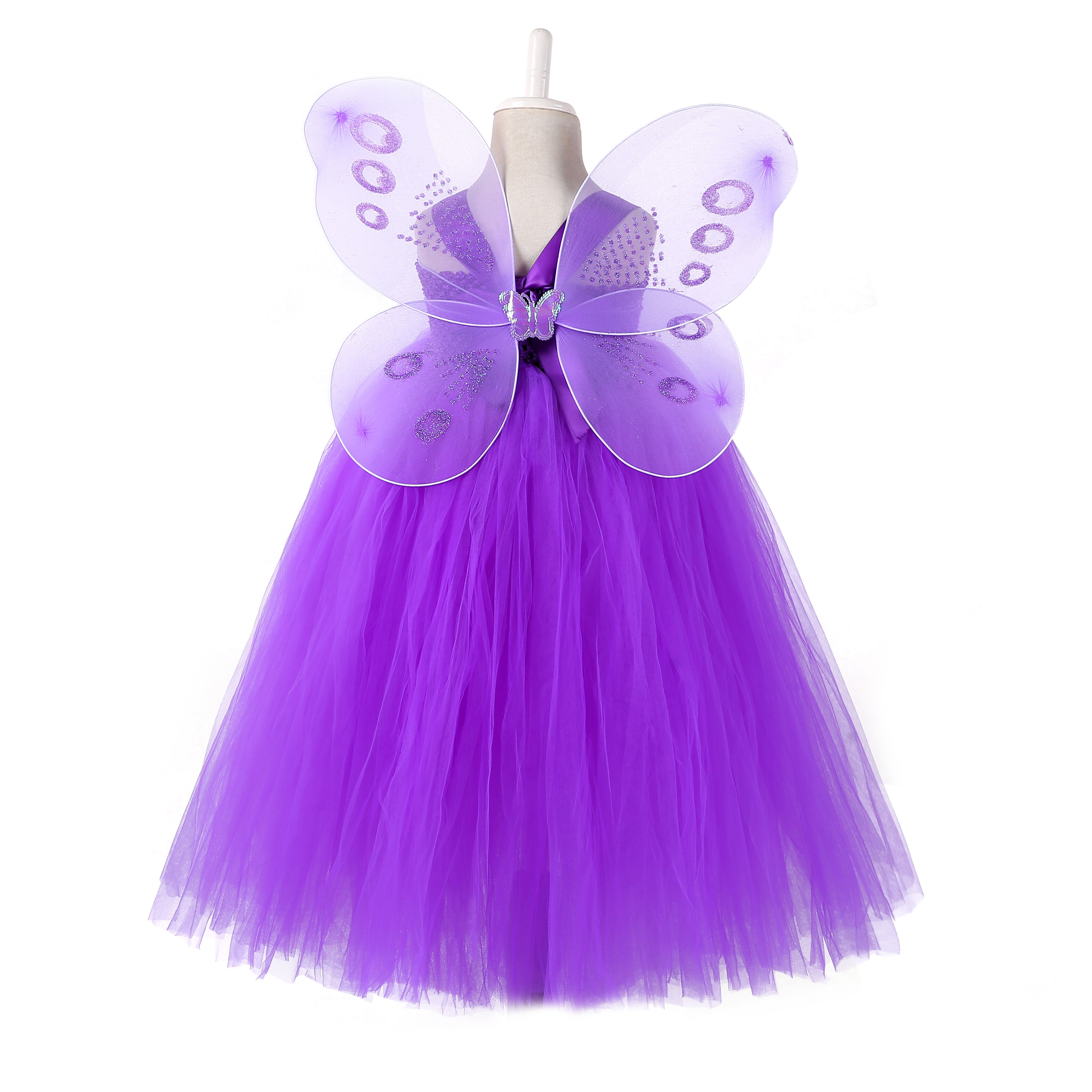 In Stock Girl Party Costume Long Design Flower Little Princess Tutu Dress With Butterfly Wing