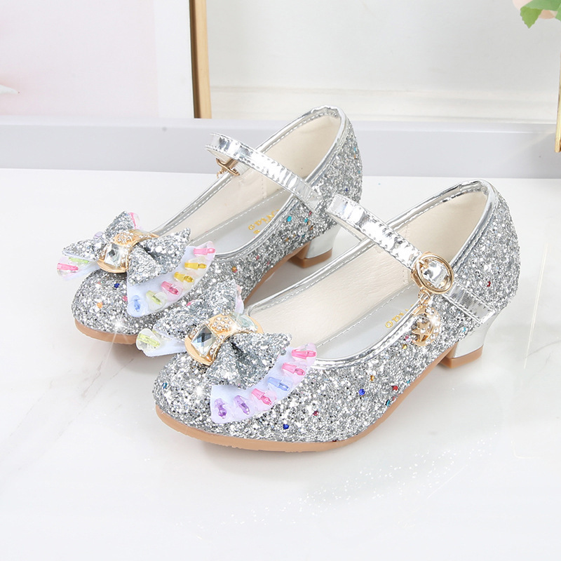 Dropshipping Children Elsa Princess Shoes Shiny Sequin Heel Girls Crystal Party Shoes