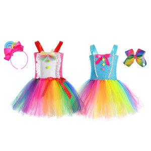 2022 Carnival Party Birthday Rainbow Lollipop Tutu Dress Candy Costume for Girls with Headband