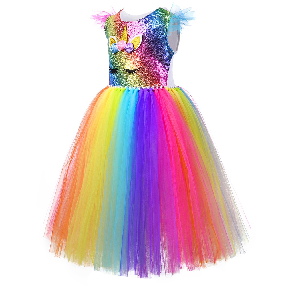 Wholesale Princess Dresses For Girls Birthday Party Cosplay Tutu Girl Dress Set Rainbow Flying Sleeve Unicorn Kids Custom