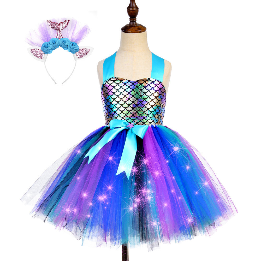 2023 Handmade Kids Custom Tutu Costume Princess Tulle Dress With Rainbow LED Light Princess Mermaid Girls Party Dress Wholesale