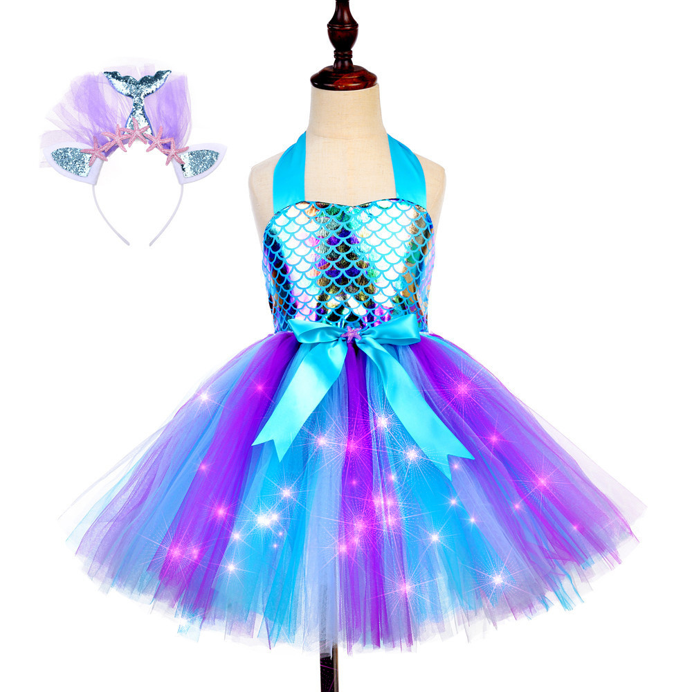 2023 Handmade Kids Custom Tutu Costume Princess Tulle Dress With Rainbow LED Light Princess Mermaid Girls Party Dress Wholesale