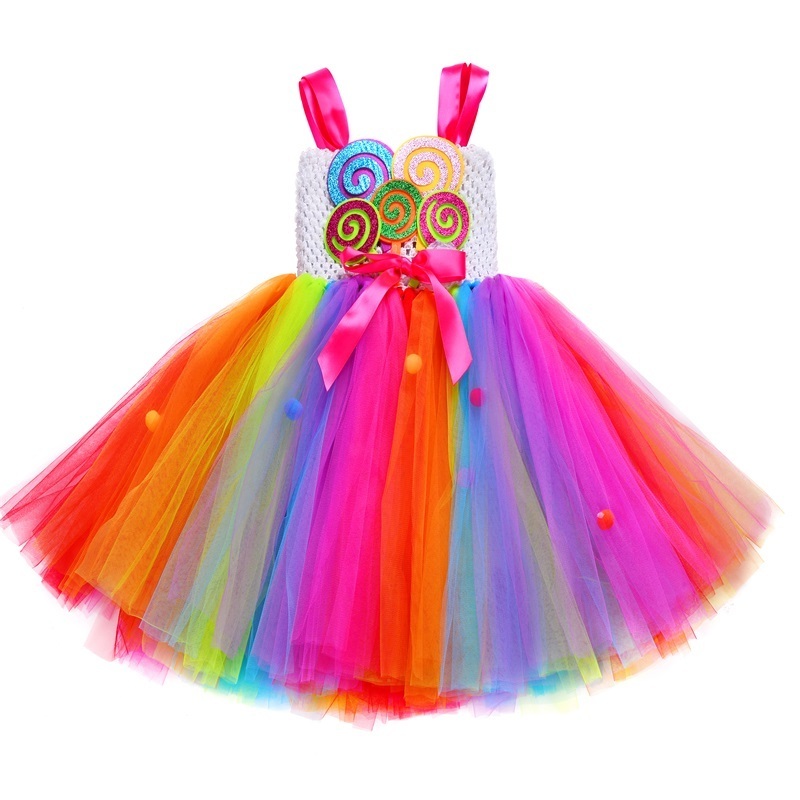 Fashion Kids Girls Princess Mesh Tutu Candyland Lollipop Dress Rainbow Birthday Dress Up with Headband