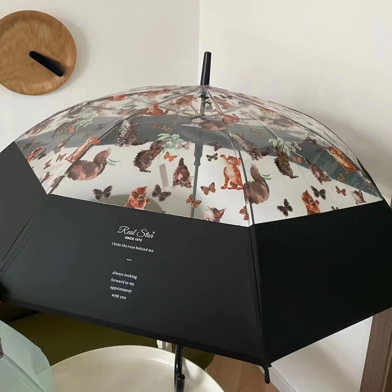 New ins Korean style retro oil painting senior sense transparent cat long handle umbrella wind resistant automatic umbrella