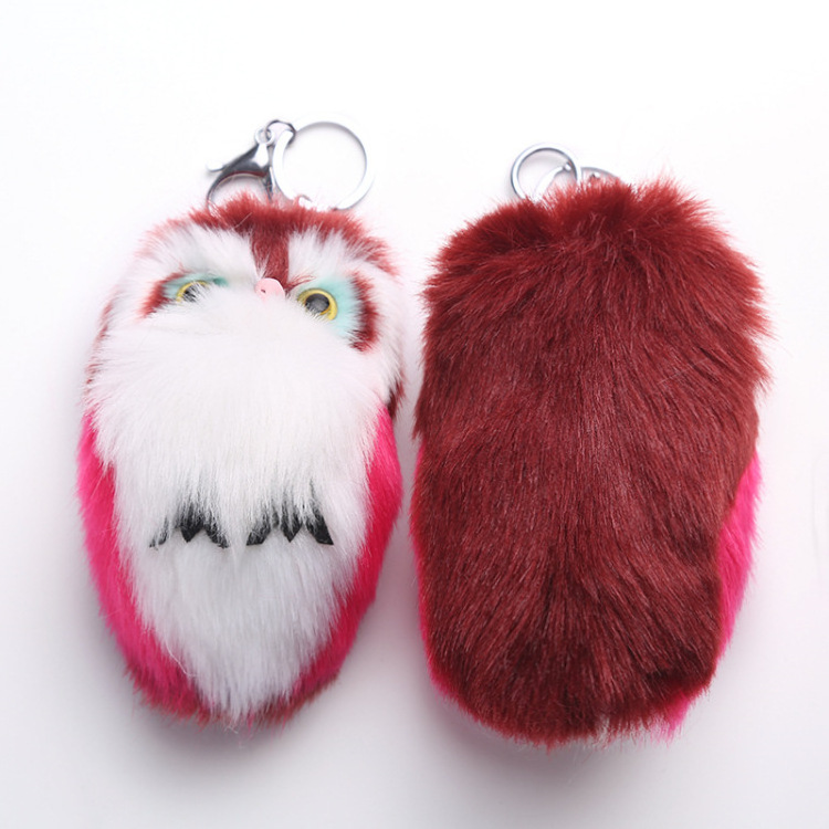 Cute Fluffy Owl Keychain & Pendant Women Key Ring Holder Faux Bunny Rabbit Fur Pompoms Key Chains For Handbag