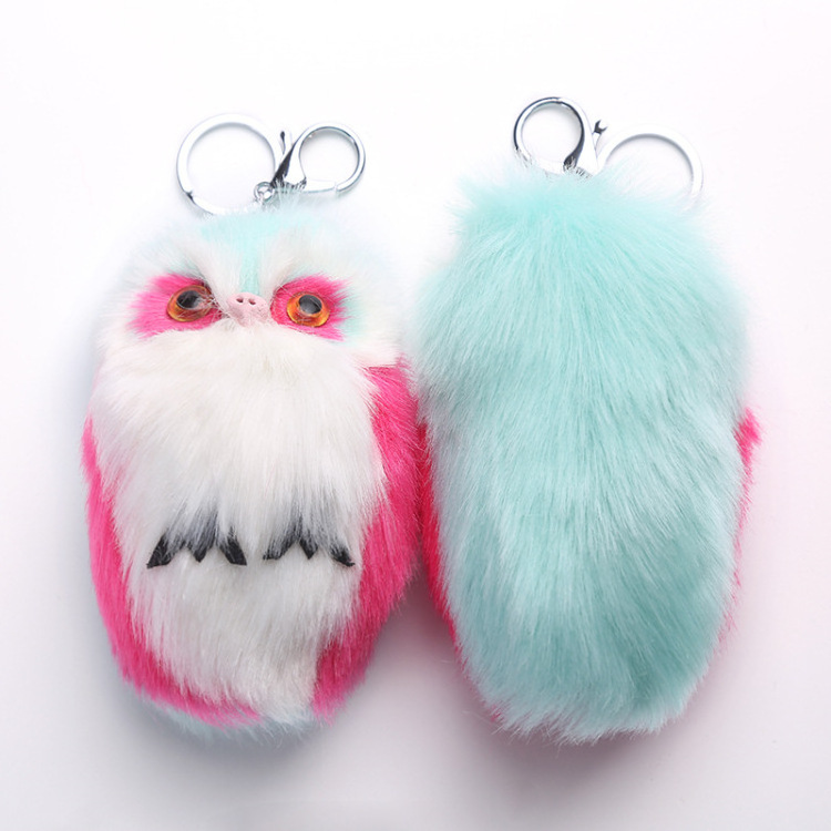 Cute Fluffy Owl Keychain & Pendant Women Key Ring Holder Faux Bunny Rabbit Fur Pompoms Key Chains For Handbag