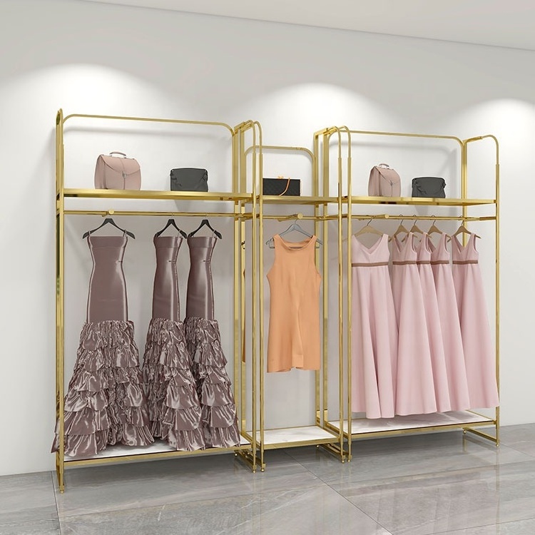 One Set Free Standing Stainless Steel Retail Gold Shiny Led Light Hanging Clothes Garment Display Rack with Wheels