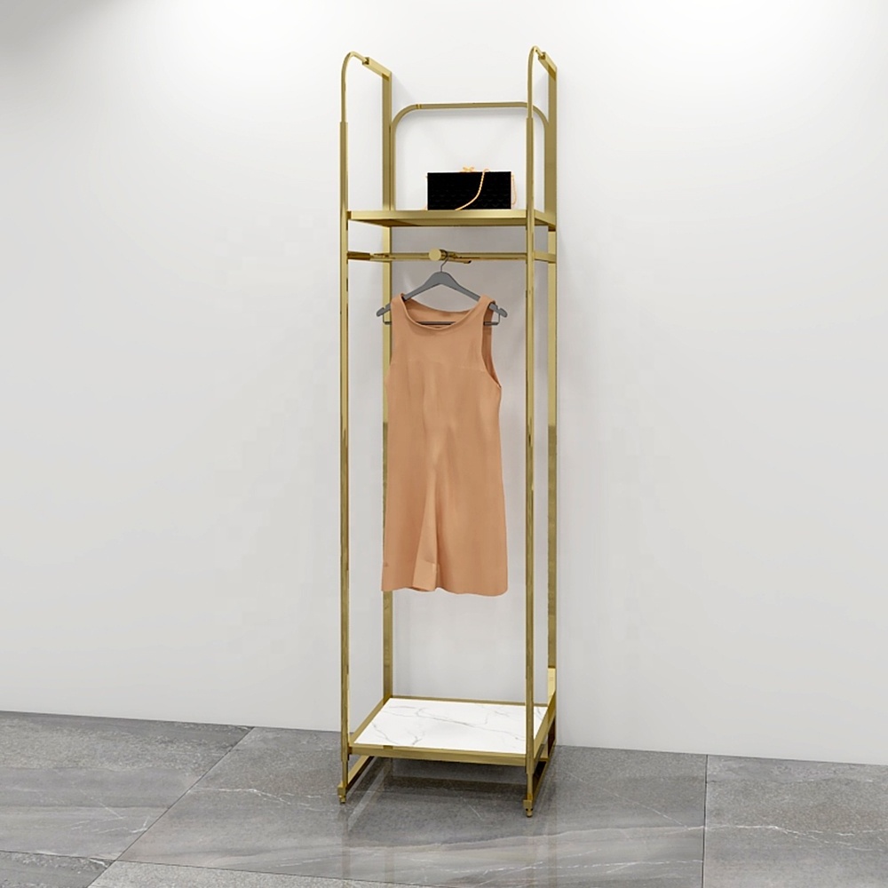 One Set Free Standing Stainless Steel Retail Gold Shiny Led Light Hanging Clothes Garment Display Rack with Wheels