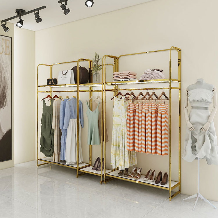 One Set Free Standing Stainless Steel Retail Gold Shiny Led Light Hanging Clothes Garment Display Rack with Wheels