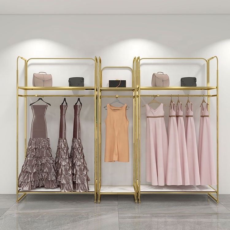 One Set Free Standing Stainless Steel Retail Gold Shiny Led Light Hanging Clothes Garment Display Rack with Wheels