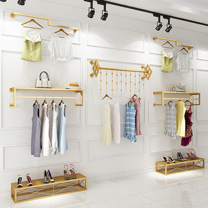 Fashion Boutique Gold Garment Metal Wall Mounted Hanging Shelves Clothing Rack For Clothing Store Furniture