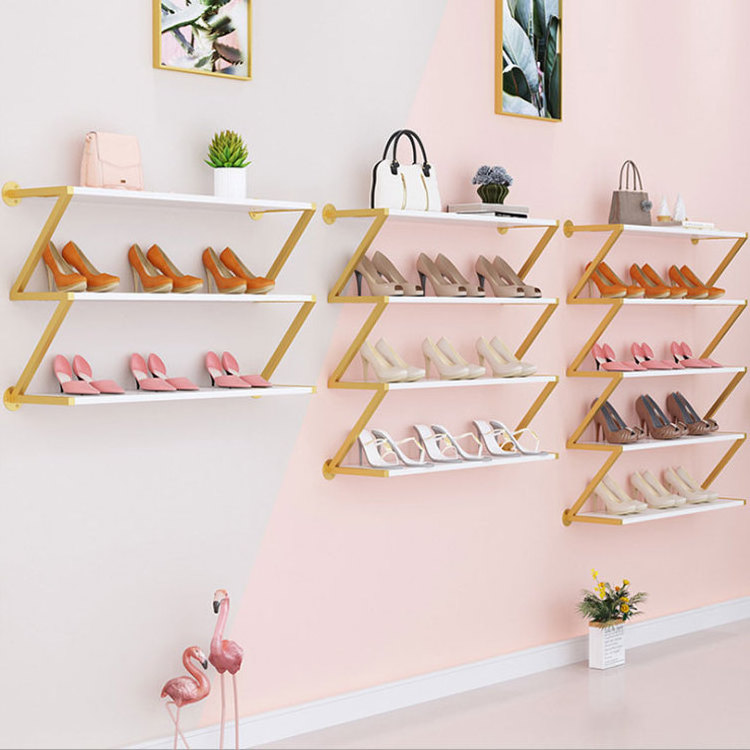 Space Saving Luxury Shoe Store Furniture Gold Metal Wall Mounted Shoes Display Stand Rack Shelf for Retail Shop