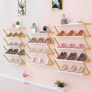 Space Saving Luxury Shoe Store Furniture Gold Metal Wall Mounted Shoes Display Stand Rack Shelf for Retail Shop