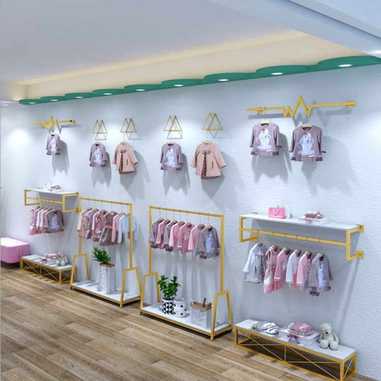 Customized Children Clothes Wall Mounted Display Racks Kids Garment Hanging Shelf Boutique Interior Design