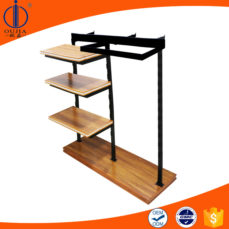 Garment shop display furniture Wood black iron clothing racks