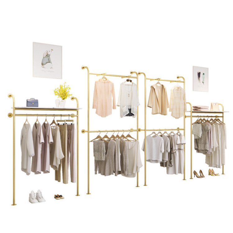 Gold Stainless Steel Metal Hanging Rack Wall Mounted Display Racks for Clothing Store Showroom Boutique Decoration