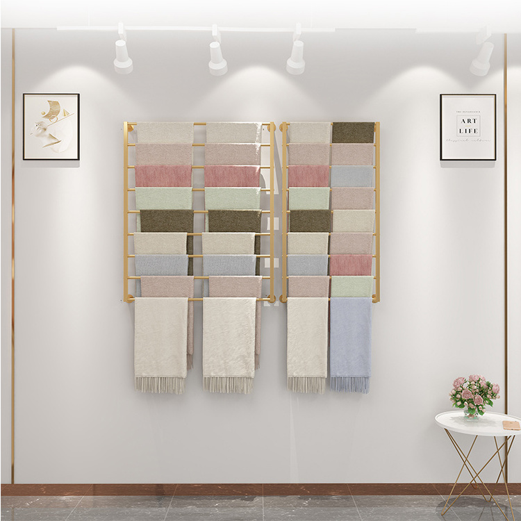 Retail Shop Wall Mounted Gold Metal Rug Carpet Scarf Display Rack Furniture for Boutique Fabric Store